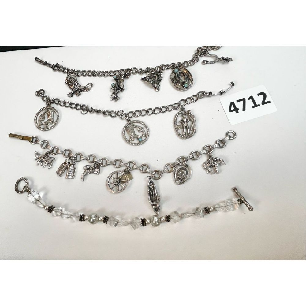 Set of 4 bracelets - 3 western themed charm bracelets silver toned - one w turqu